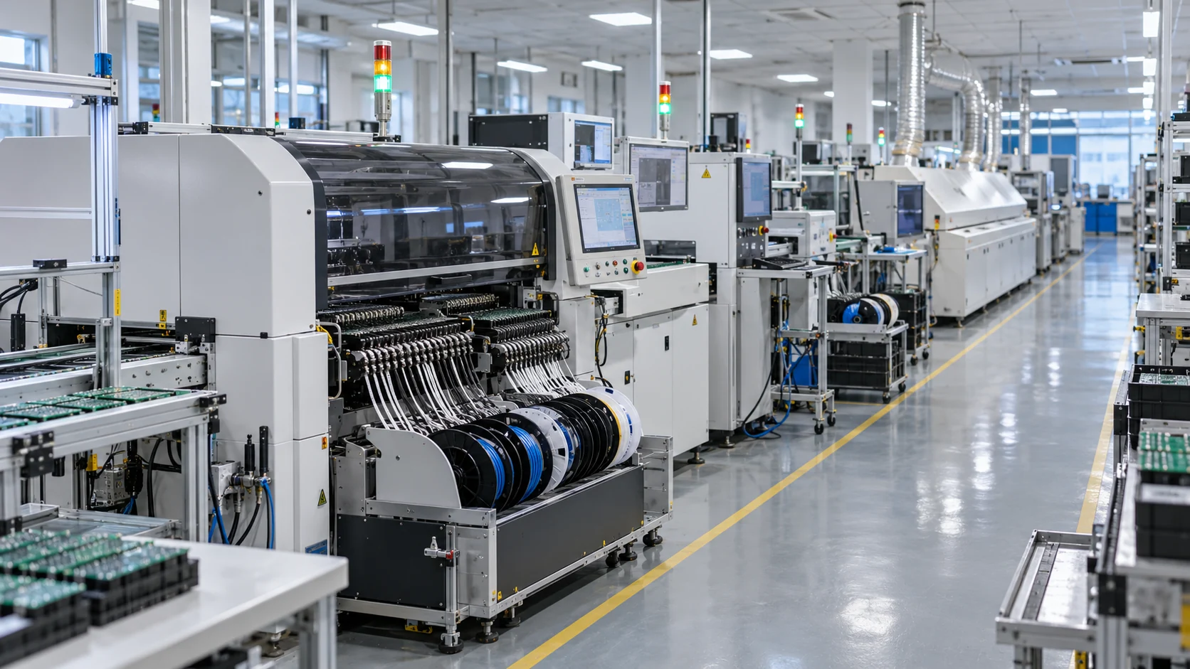 Generated illustration of a modern electronics production line