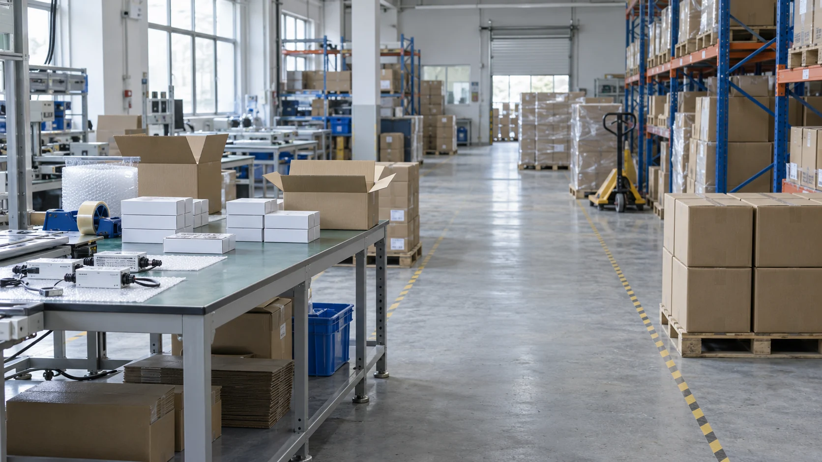 Generated illustration of a packing and warehouse area