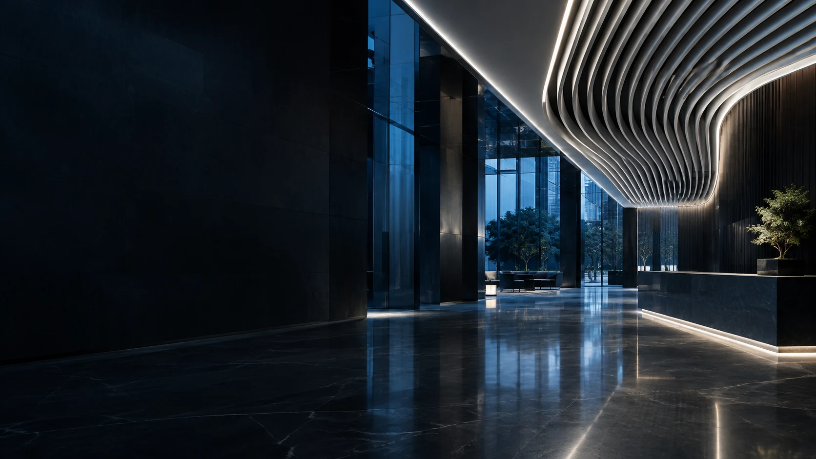 Architectural interior with sculptural ceiling lighting