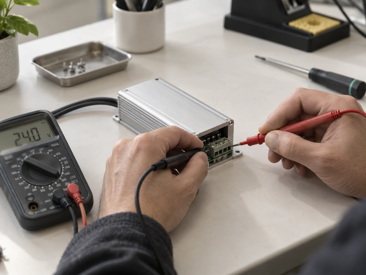 Illustrative LED driver sample being checked with test probes